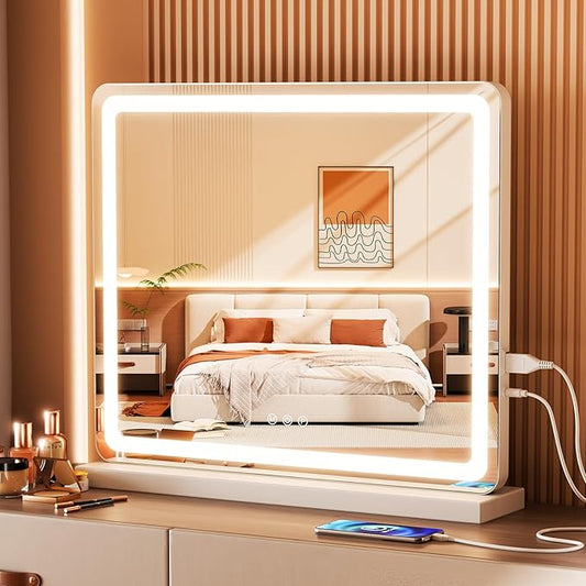 OLIXIS 19"x22" Lighted Vanity Mirror with Lights, Dimmable 3 Color Modes Makeup Mirror with Memory Function, USB Charging, Aluminum Frame, Lighted Mirror for Desk or Bedroom