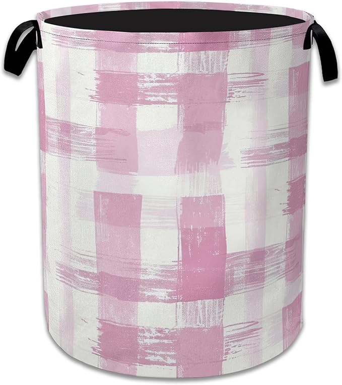Pink Plaid Laundry Basket Collapsible Laundry Hamper with Handle, Oxford Clothes Toy Storage Bin for Bathroom Bedroom Room Decor, Gift Basket 16" X 20.8"