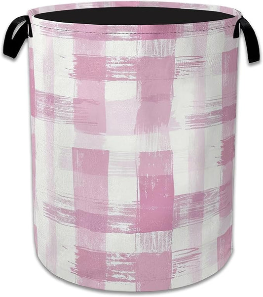 Pink Plaid Laundry Basket Collapsible Laundry Hamper with Handle, Oxford Clothes Toy Storage Bin for Bathroom Bedroom Room Decor, Gift Basket 16" X 20.8"
