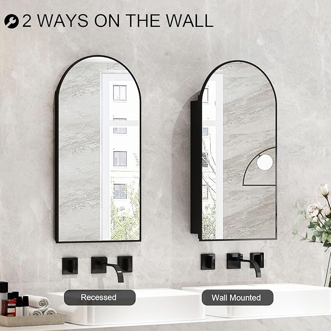 Recessed Medicine Cabinet with Mirror,Black Arched Medicine Cabinet,Arch Bathromm Medicine Cabinet Recessed,Metal Edge Bathroom Mirror with Storage,Surface Mount Mirrored Cabinets 16x31