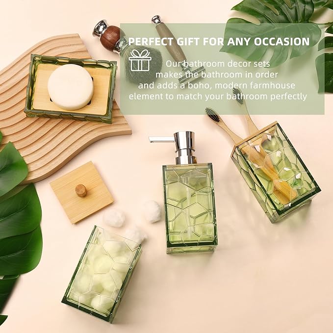 GAHEFY Sage Green Bathroom Accessories Set, Toothbrush Holder, Soap Dispenser, Cotton Swabs Holder, Soap Dish, Toilet Brush with Holder, Boho Bamboo Bathroom Decor,Acrylic (Green)