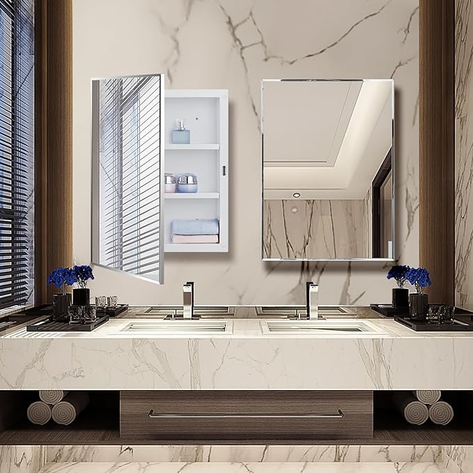 IDYLLOR Plastic Bathroom Medicine Cabinet with Framed Mirror 16 x 22 inch, Surface and Recessed Mount