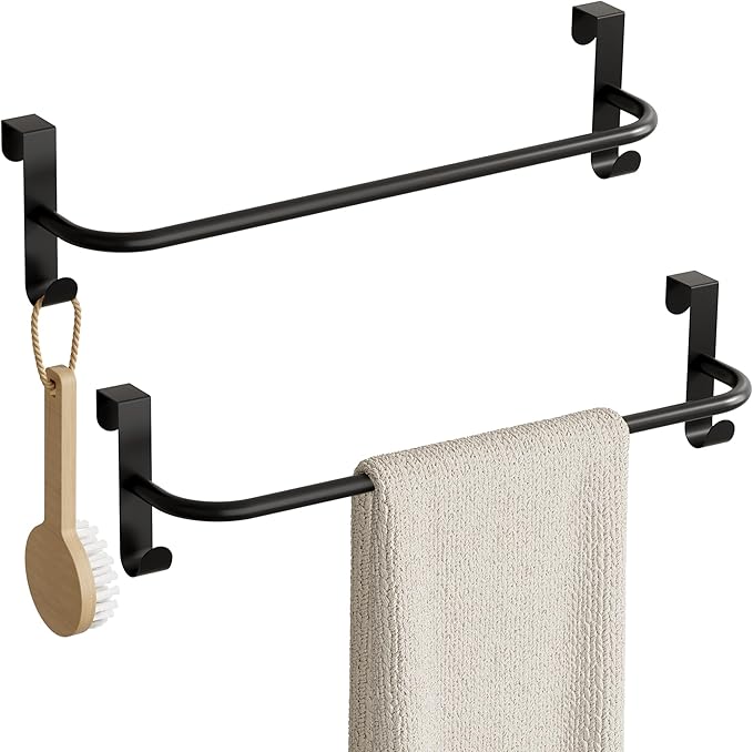 SAYAYO Over Cabinet Towel Bar Black, 15 Inch Kitchen Towel Holder with 2 Hooks, Over The Cupboard Door Dish Towel Rack, 2 Pcs (16 Inch Total Length)