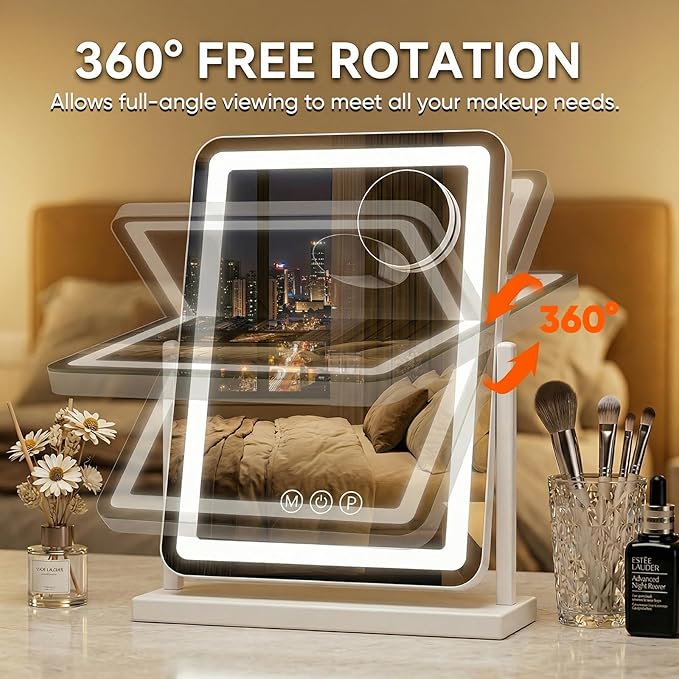 Vanity Mirror with Lights, 18"x13" Hollywood Lighted Makeup Mirror for Tabletop & Bedroom 3 Color Lighting Modes Smart Touch Control 360° Rotation Detachable