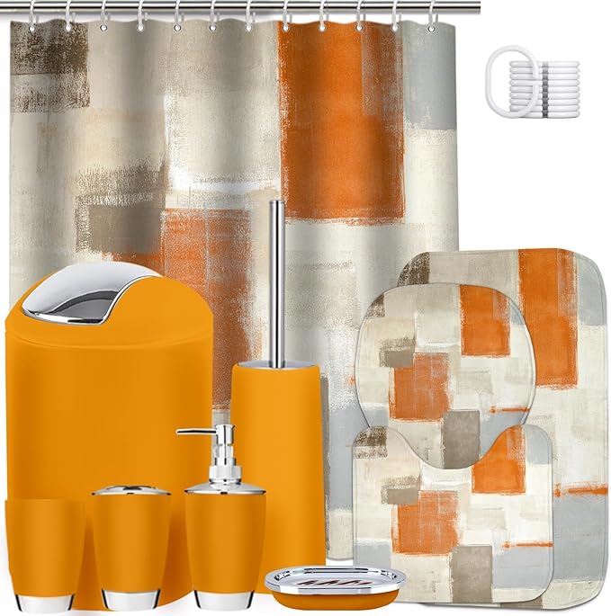 Lnond Orange Bathroom Set, 23-Piece Orange Abstract Bathroom Decor Set with with Shower Curtain and Rugs, Trash Can, Toilet Brush Holder Set & Soap Dispenser