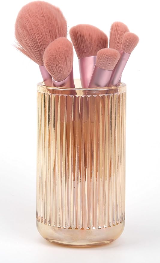 Crystal Glass Makeup Brush Holder, Vintage Striped Design, Thickened Glass Organizer Cup, 7.2cm x 13cm, Clear Amber