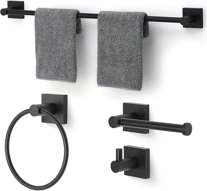 Bathroom Accessories Set Matte Black Towel bar Set, 4 piece Towel Rack Set Towel bar for Bathroom wall Mounted Durable 24 inch Towel bar Robe Hook Towel Ring Toilet Paper Holder