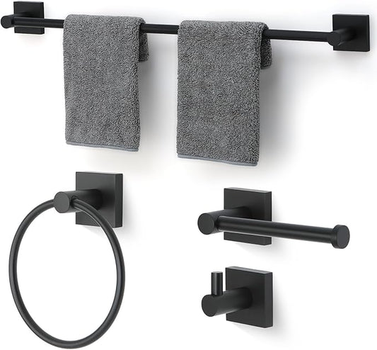 Bathroom Accessories Set Matte Black Towel bar Set, 4 piece Towel Rack Set Towel bar for Bathroom wall Mounted Durable 24 inch Towel bar Robe Hook Towel Ring Toilet Paper Holder