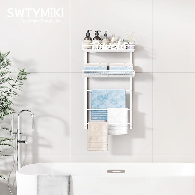 SWTYMIKI Over The Door Towel Racks for Bathroom - 5-Tier Wall Mounted Bathroom Towel Storage Organizer Holder with Metal Shelf, White