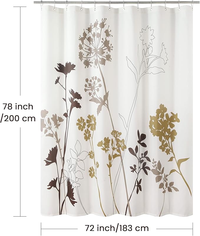 Long Floral Fabric Shower Curtain, Beige Brown Grey Plant Shower Curtains for Bathroom, Waterproof Bathroom Curtains, 72" W x 78" H