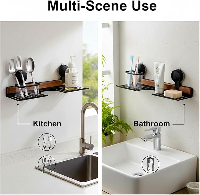 Over Sink Shelf with Walnut, 15.7" Tool-Free Organizer, Strong Suction Cup Rack with Easy Drainage for Kitchen & Bathroom