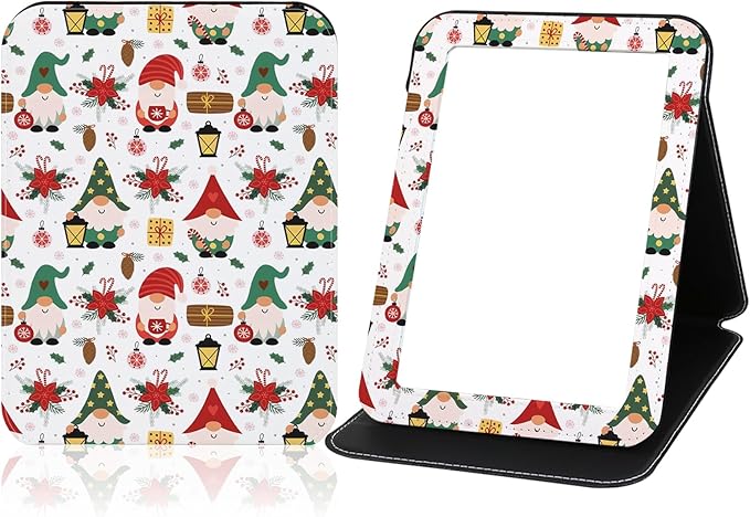 Folding Travel Mirror with Stand, 8.9"x 6.5" PU Leather Compact Desk Mirror, Adjustable 90°-180° Angle, Ultrathin Portable Hand Mirror for Travel, Camping, Office, Home (Santa Claus Design)