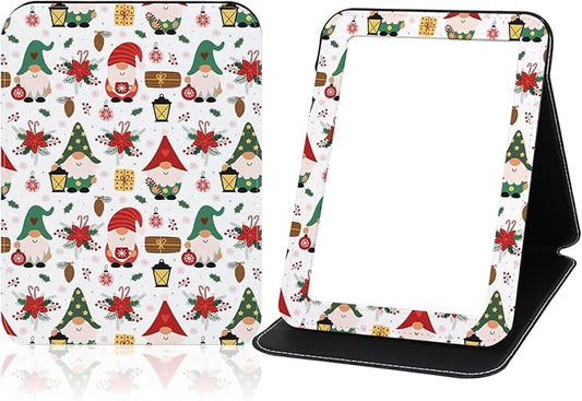 Folding Travel Mirror with Stand, 8.9"x 6.5" PU Leather Compact Desk Mirror, Adjustable 90°-180° Angle, Ultrathin Portable Hand Mirror for Travel, Camping, Office, Home (Santa Claus Design)