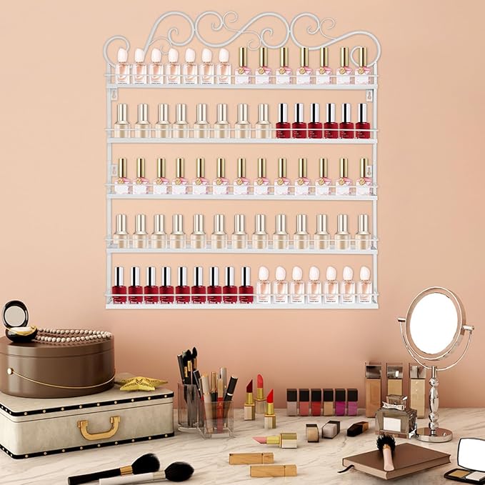 AngelcityCC 5 Tier Wall Mounted Metal Rack Shelf Versatile Organizer for Nail Polish Essential Oils for Home Nail Salon Spa Shops