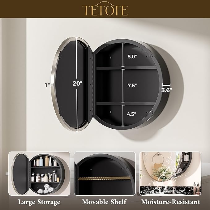 TETOTE 20 x 20 Inch Medicine Cabinet Mirror Brushed Nickel Framed Round Mirrored Medicine Cabinets for Bathroom Adjustable Shelves Modern Bathroom Mirror with Storage Wall Mounted