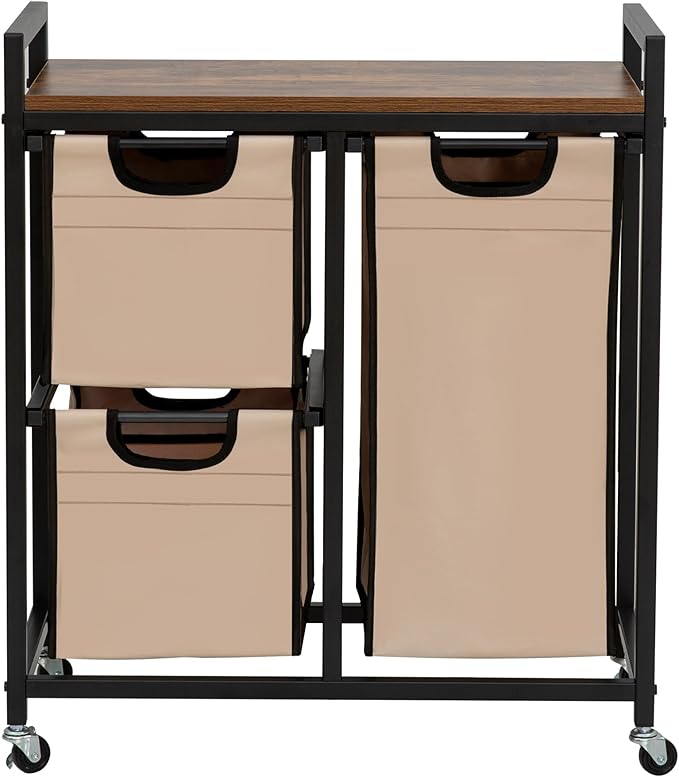 Suntage Laundry Basket Organizer - Hampers with 3 Compartments, Sliding Laundry Sorter Bags, Top Storage Shelf, Metal Frame