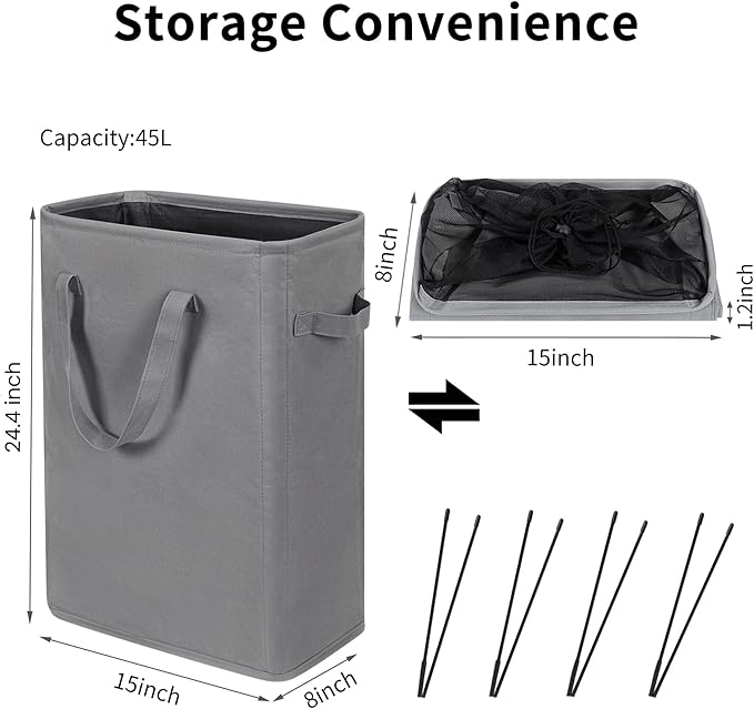 ZERO JET LAG Slim Laundry Hamper With Handles Collapsible Laundry Basket Thin Dirty Clothes Basket Narrow Laundry Bag Foldable Dirty Cloth Hamper 45L (24 inches,Grey)