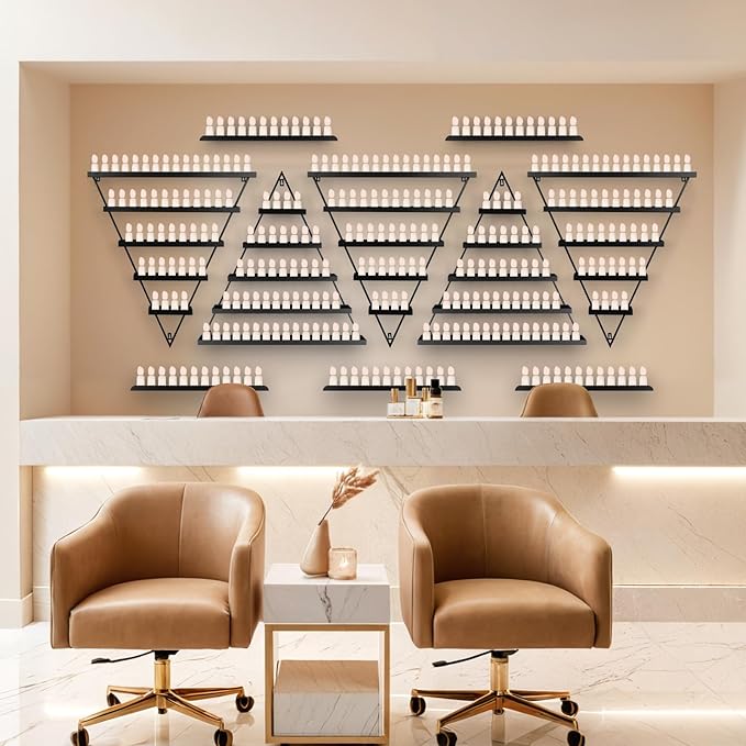 10PCS Metal Wall-mounted Nail Polish Storage Racks, 5 Tiers Black Triangular Display Rack, Cosmetic Display Cases Lipstick Perfume Wall Shelf, Essential Oil Organizers, for Home Spa Nail Salon Shop