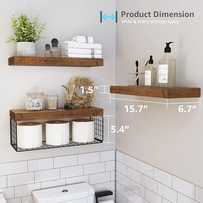 Bathroom Shelves Over Toilet - Heavy Duty Storage Rack, 25+ lbs Weight Capacity, Minimalist Design Wall Mounted Floating Shelves Toilet Paper Storage Farmhouse Decor Shelf 16 inch (Brown, General, 3)