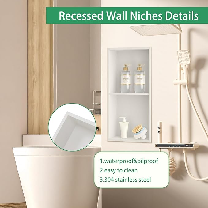 SaniteModar Shower Niche, Stainless Steel Shower Niche No Tile Needed, Recessed for Bathroom Storage (Warm White, 24" x 12",Double)