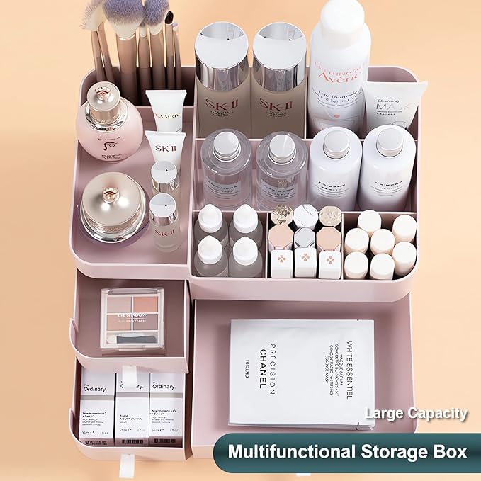 Makeup Organizer for Vanity, Large Countertop Organizer with Drawers, Cosmetics Storage for Cosmetics, Lipsticks, Jewelry, Nail Care, Skincare, Ideal for Bedroom and Bathroom Countertops (Pink)