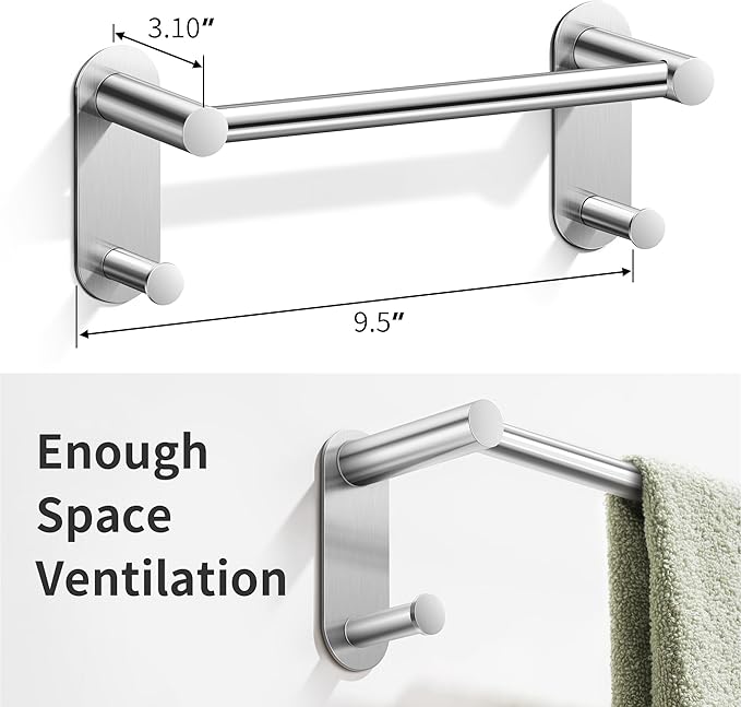 9 Inch Adhesive Towel Bar - Stainless Steel Stick on Towel Rack for Bathroom, No Drilling Towel Holder with 2 Hooks, Brushed Nickel