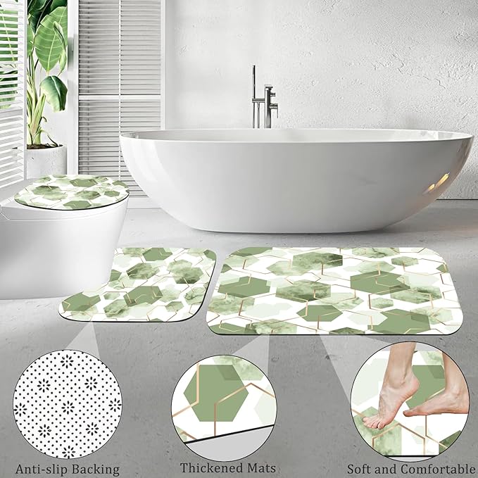 Muuyi 4Pcs Sage Green Geometric Shower Curtain Set, Neutral Modern Art Deco Shower Curtain with Hooks, Elegant Trendy Simple Bathroom Sets with Shower Curtain and Rugs, 71 * 71in