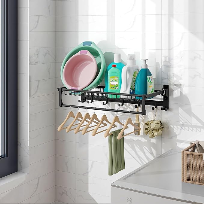 Tangkula Foldable Bathroom Shelf, Wall Mounted Bathroom Shelf Rack w/Adjustable Bar & Movable Hooks, Rustproof & Waterproof Space-Aluminum Holder Organizer, No Assembly Required (Black)