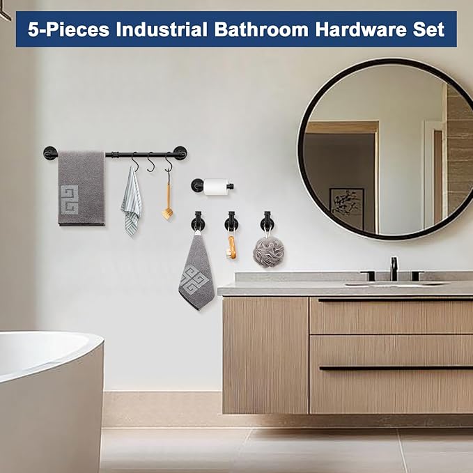 NearMoon 5-Pieces Industrial Pipe Bathroom Hardware Set, Include 18 Inch Towel Bar, Toilet Paper Holder and 3 Robe Hooks, Heavy Duty DIY Style Wall Mounted Rustic Decor Accessories Kit (Black)