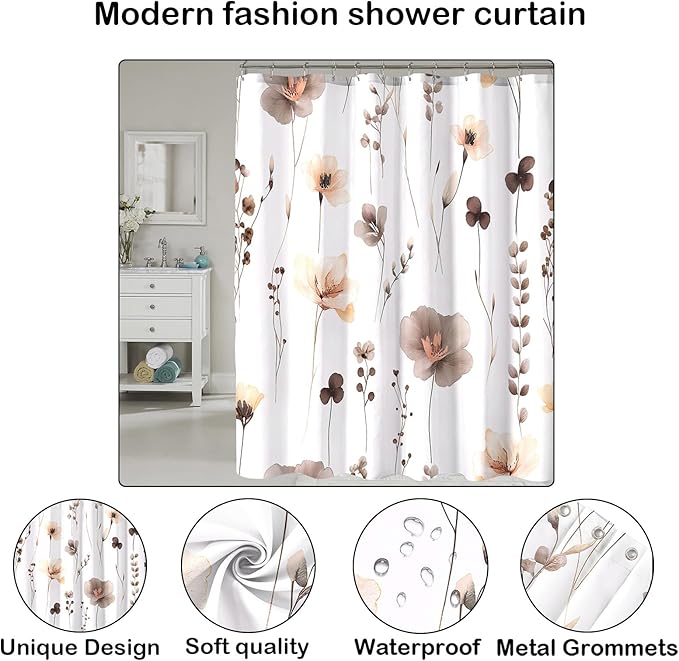 Brown Beige Floral Shower Curtain, Watercolor Flower Shower Curtains for Bathroom, Modern Minimalist Waterproof Fabric Bath Decoration 72x72 Inch