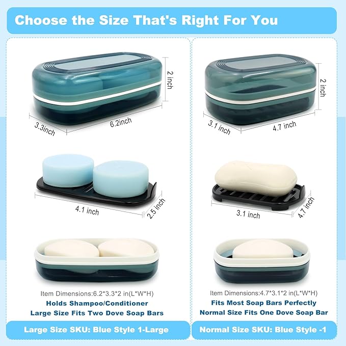 HAYSNA Solid Shampoo Bar Holder, Large Bar Soap Holder, Travel Soap Container, Soap Box with Draining Layer, Soap Case for Bathroom, Traveling, Gym, Camping (Blue Style-1-Large)