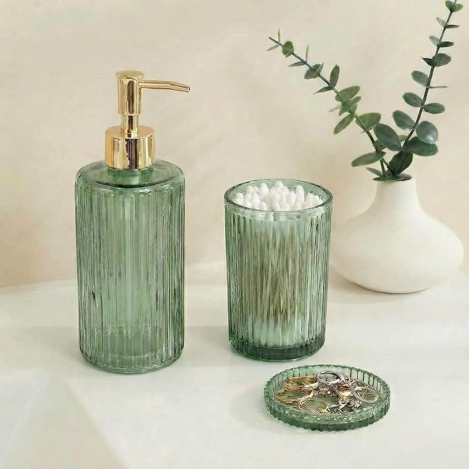 3 Pcs Green Bathroom Accessories Set, Glass Bathroom Set, Soap Dispenser, Toothbrush Holder, Jewelry Tray, Modern Bathroom Decor, Housewarming Gift Set