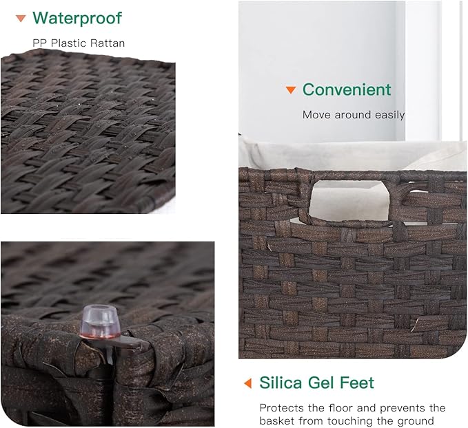 Paylesshere Laundry Basket Handwoven Laundry Hamper 90L/110L Foldable Rattan Hamper With Lid,2 Removable Liner Bags & 6 Laundry Bags,Clothes Hamper Bathroom Laundry Basket,Brown
