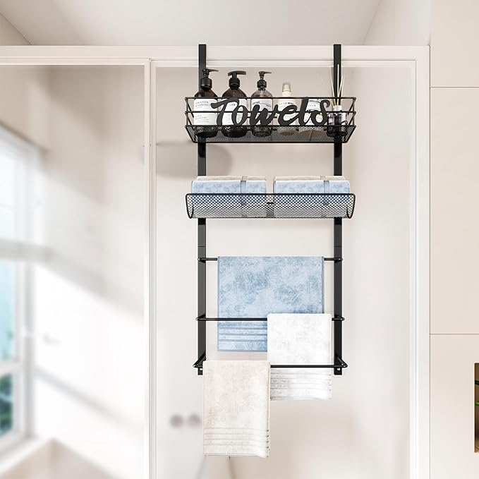SWTYMIKI Over The Door Towel Racks for Bathroom - 5-Tier Wall Mounted Bathroom Towel Storage Organizer Holder with Metal Shelf, Black
