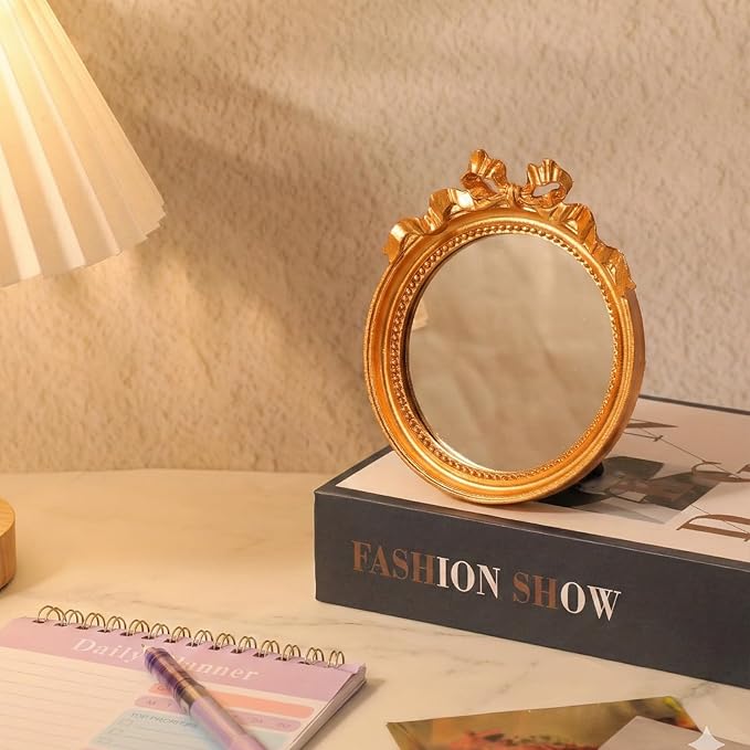 Abeillo Small Gold Desk Mirror, 4.2'' Round Decorative Mirror Vintage Table Mirrors with Gold Resin Frame for Bedroom Bathroom Tabletop Wall