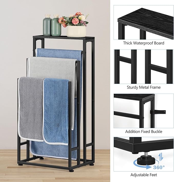 Freestanding Towel Rack 3 Tier Towel Drying Rack for Bathroom Small Standing Hand Towel Holder Black Towel Rack Stand with Storage Shelf for College Dorm Pool Side (Black)