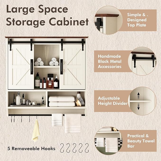RUSTOWN Farmhouse Bathroom Wall Cabinet,3-Tier Rustic Wood Wall Mounted Cabinets,Vintage Medicine Cabinet with Sliding Barn Door and Adjustable Shelves,Over The Toilet Storage Cabinet (Vintage White)