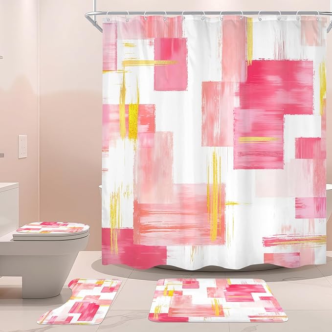 Cinbloo 4Pcs Pink Gold Shower Curtain Set, Modern Abstract Girls Girly Ombre Blush Oil Painting Bathroom Curtain with Rug, Toilet Lid Cover, Bath Mat, Geometry Minimalist Shower Curtain with 12 Hooks