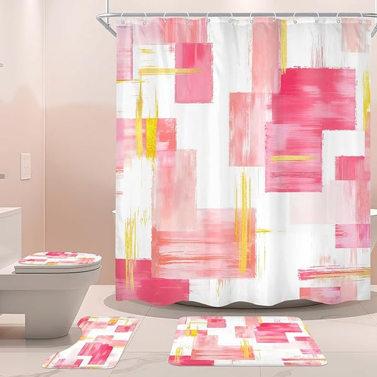 Cinbloo 4Pcs Pink Gold Shower Curtain Set, Modern Abstract Girls Girly Ombre Blush Oil Painting Bathroom Curtain with Rug, Toilet Lid Cover, Bath Mat, Geometry Minimalist Shower Curtain with 12 Hooks