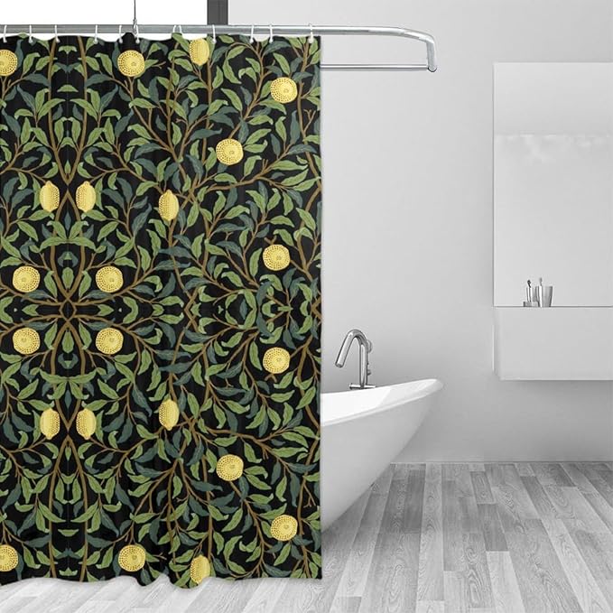 Vintage Botanical Shower Curtain William Morris Designs Green Jungle Fruit Print Shower Curtain Set Polyester Interior Waterproof Shower Curtain with 12 Hooks 66x72 Inches(168x183cm)