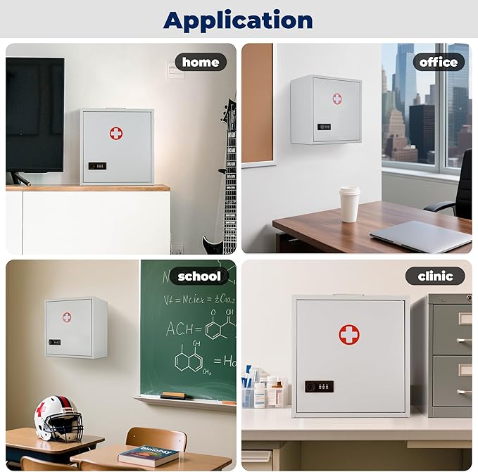 Metal Medicine Cabinet with Combination Lock, Wall Mounted Freestanding Locking Medicine Box, Secure Medication Storage for Home Office Clinic School