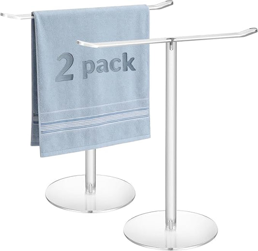 Clear Acrylic Hand Towel Holder Stand, T-Shape Free-Standing Towel Rack for Bathroom & Kitchen Countertop, Modern Minimalist Design, Simple Assembly, 2-Pack Counter Organizer