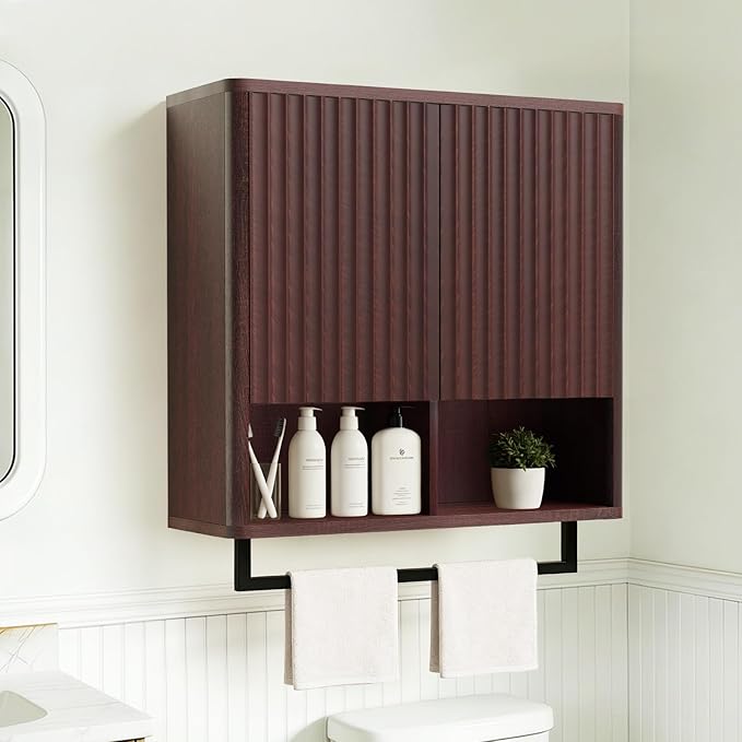 Bathroom Wall Storage Cabinet, Over The Toilet Medicine Cabinet, Hidden Storage & Open Shelves, Small 2-Door Multi-Functional Bathroom Organizer with Towel Bar for Bathroom & Kitchen