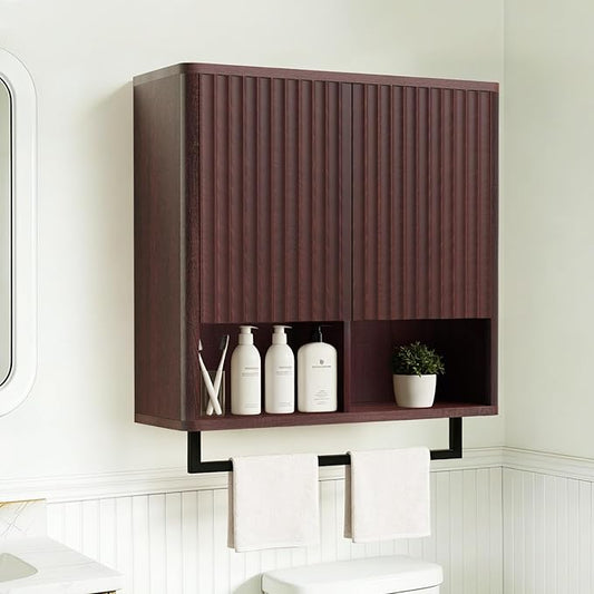 Bathroom Wall Storage Cabinet, Over The Toilet Medicine Cabinet, Hidden Storage & Open Shelves, Small 2-Door Multi-Functional Bathroom Organizer with Towel Bar for Bathroom & Kitchen