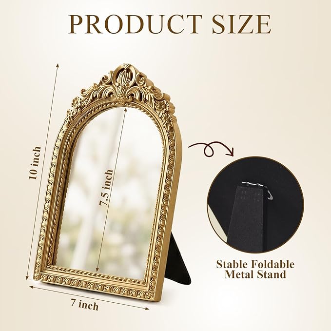 Vintage Gold Mirror for Desk, 10" x 7" Ornate Tabletop Vanity Mirror, Antique Style Decorative Small Mirror for Bedroom Dresser, Baroque Metal Frame Aesthetic Room Decor