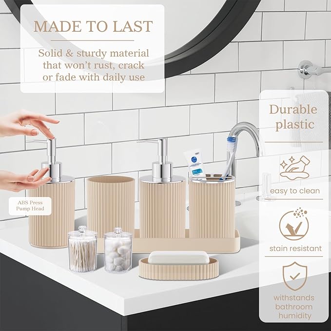 Beige Bathroom Accessories Set, 10PC Bathroom Set, Bath Accessory with Pop Up Trash Can, Soap Dispenser, Toilet Brush, Toothbrush Set Qtip Holders & Tray