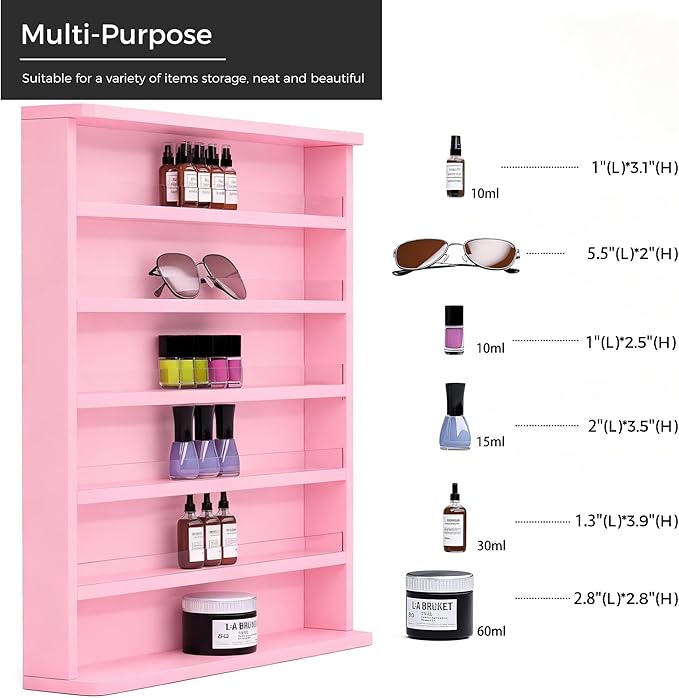 Kikihouse Wood Nail Polish Rack 2 Packs, Wall Mount Nail Polish Organizer, 6 Layers Nail Salon Storage Display Shelves Perfume Essential Oil Bottles Holder w/Acrylic Baffle, Pink