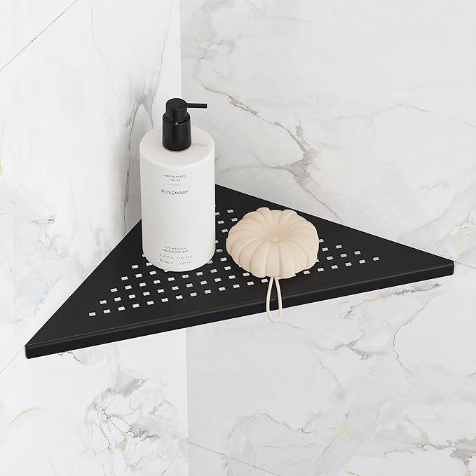 Qeke Bathroom Corner Shelf, Recessed 10" Shower Shelf Caddy, SUS304 Stainless Steel Shelf Wall Mount Triangular, No Drilling, Matte Black