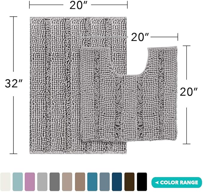 Turquoize Chenille Bathroom Rugs Set Non-Slip Bath Mats for Bathroom Super Absorbent Shaggy Rugs for Tub Shower Toilet Plush Bath Rug Plus U Contour Rug (Standard: 20" x 32" and 20" x 20" U), Dove