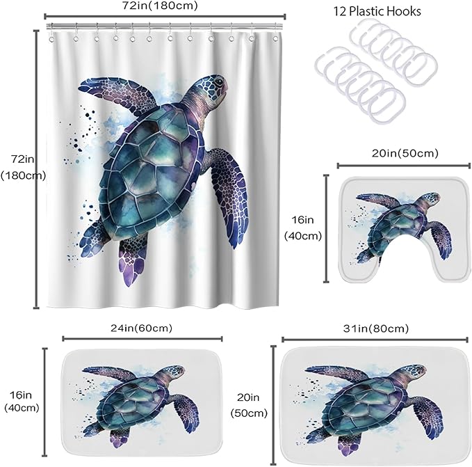 Funny Sea Turtle Ocean Animal Cartoon Bathroom Sets with Shower Curtain and 20 x 31 Rugs Bathroom Accessories Sets Decor with Bath Rug, Bath Mat, U-Shaped Contour and Hooks 72 x 72 Inch Teal Purple